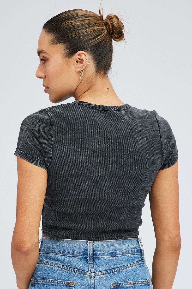 Black Baby Tee Short Sleeve Crop Round Neck Graphic - Image 5
