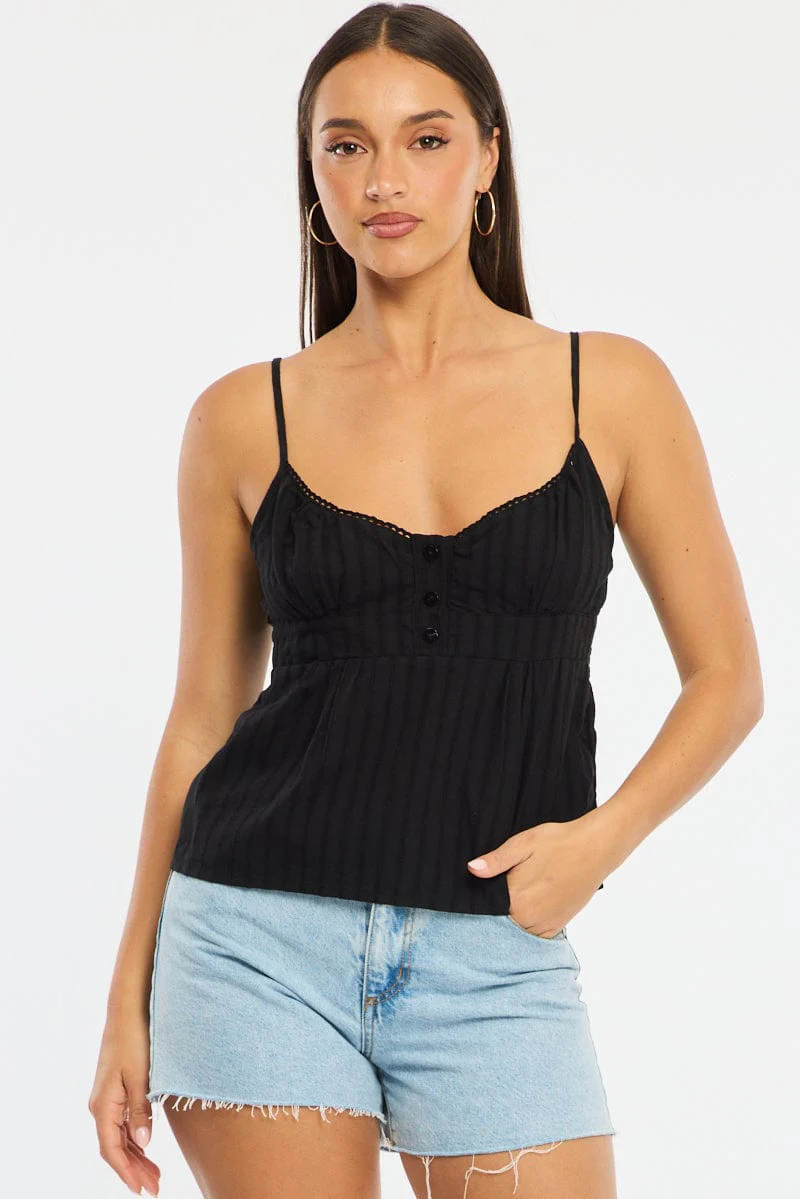 Black Babydoll Cami Sleeveless Scoop Neck Button Front