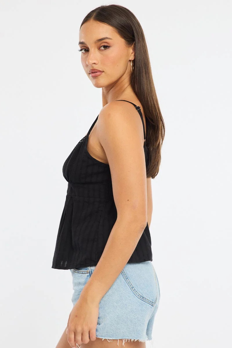 Black Babydoll Cami Sleeveless Scoop Neck Button Front - Image 3