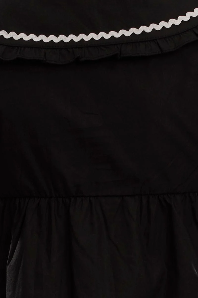 Black Babydoll Top Puff Sleeve Collared Poplin Ric Rac - Image 5
