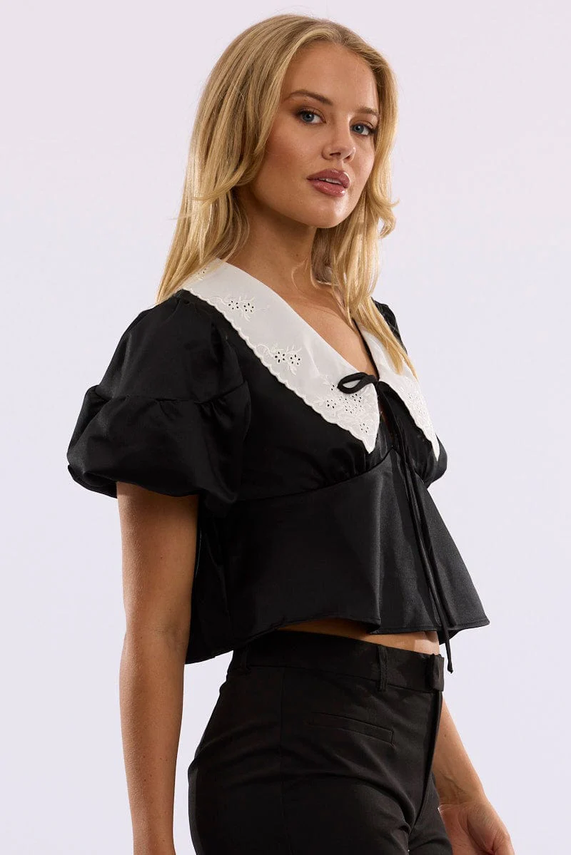 Black Babydoll Top Short Sleeve Collared Satin - Image 3