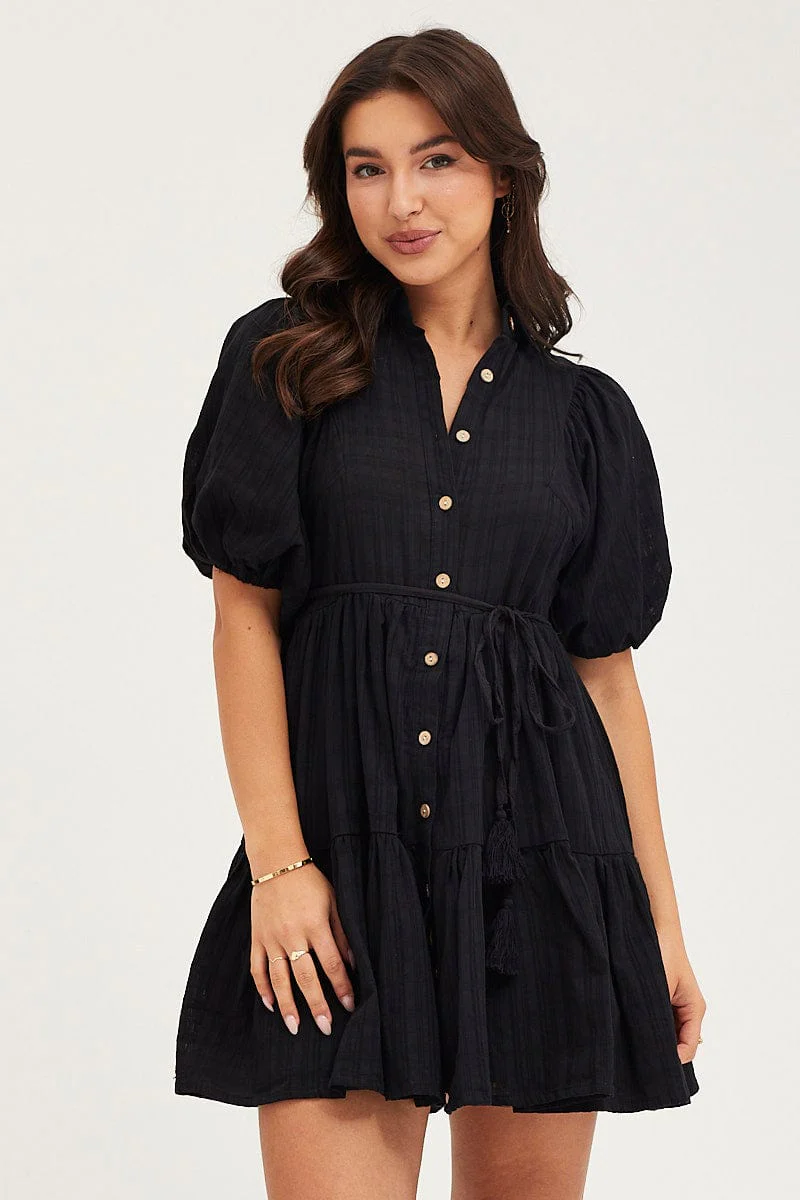 Black Balloon Sleeve Shirts Dress - Image 3