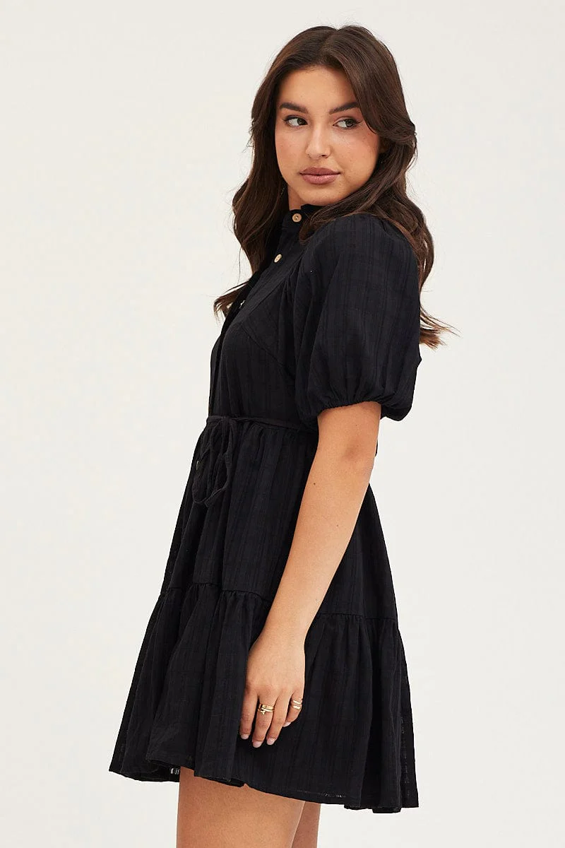 Black Balloon Sleeve Shirts Dress - Image 4
