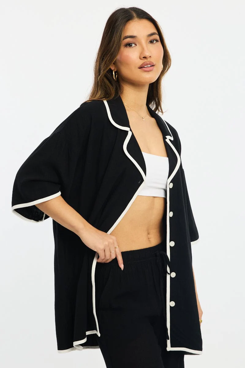 Black Bias Lapel Shirt Short Sleeve Relaxed Linen Blend - Image 3