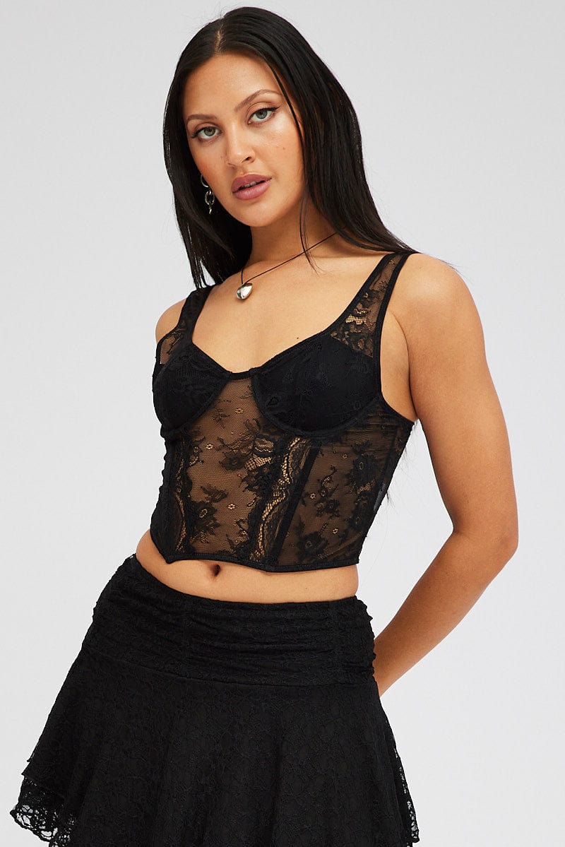 Black Black Lace Top Short Sleeve Slightly Stretch - Image 3