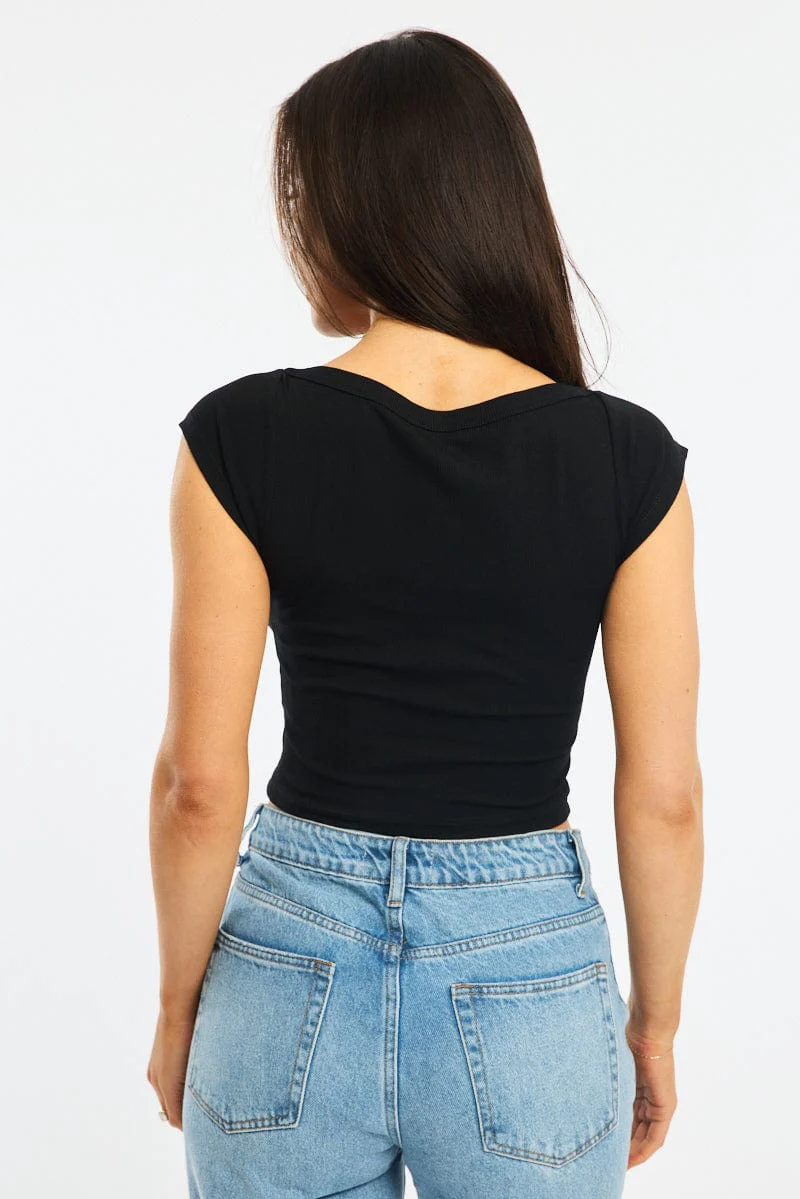 Black Boat Neck Top Short Sleeve - Image 4