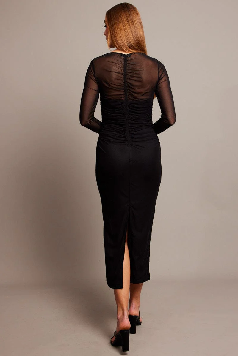 Black Bodycon Dress Long Sleeve Mesh - Image 5