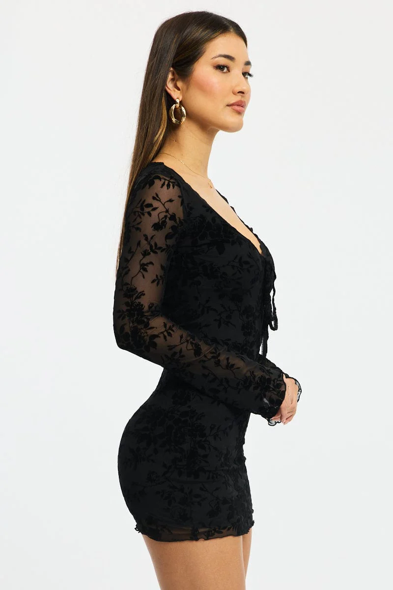 Black Bodycon Dress Mini Long Sleeve Burnout - Image 3