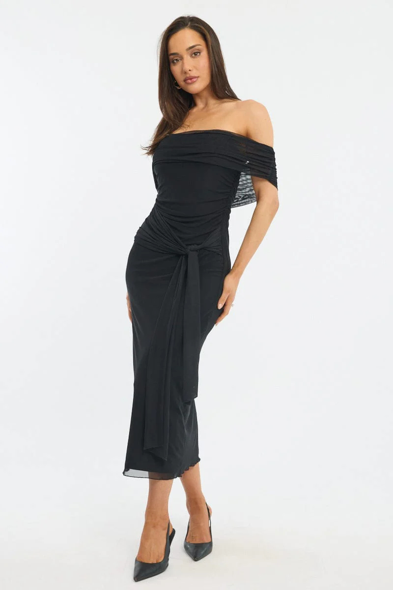 Black Bodycon Dress Off Shoulder Mesh - Image 2