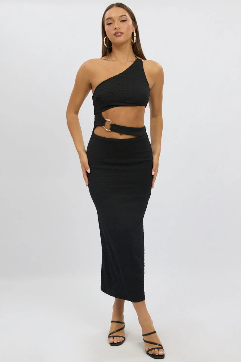 Black Bodycon Dress One Shoulder Textured - Image 2