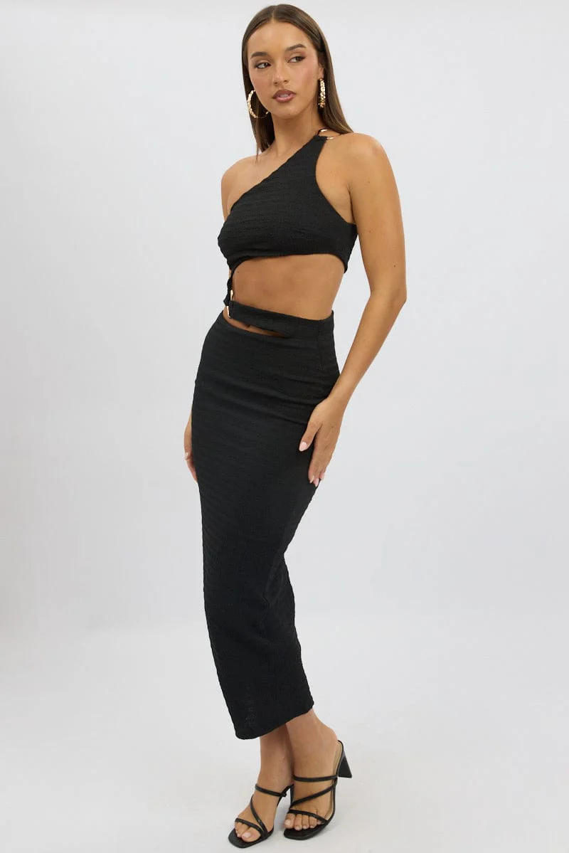 Black Bodycon Dress One Shoulder Textured - Image 4