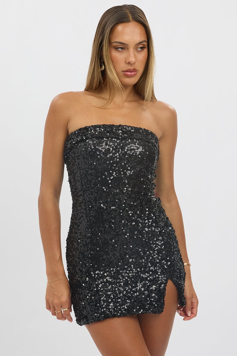 Black Bodycon Dress Sequin Strapless - Image 3