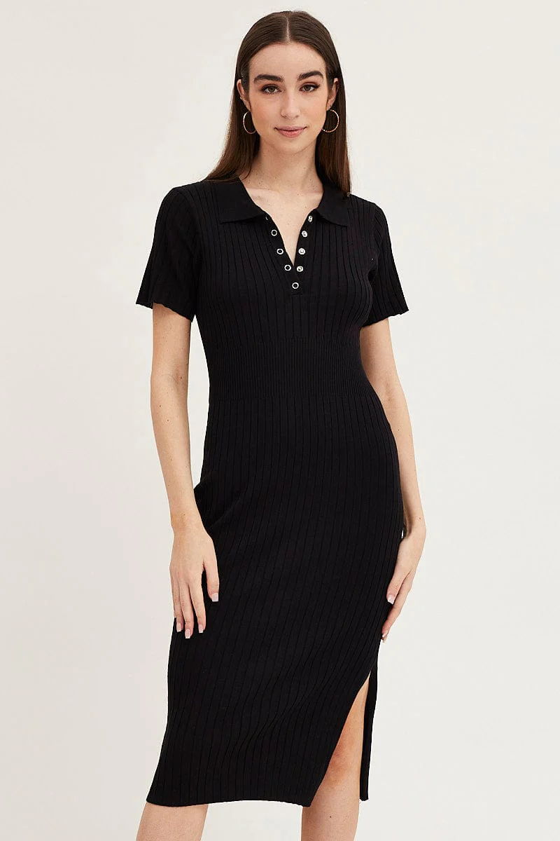 Black Bodycon Dress Short Sleeve Mini Knit - Image 2