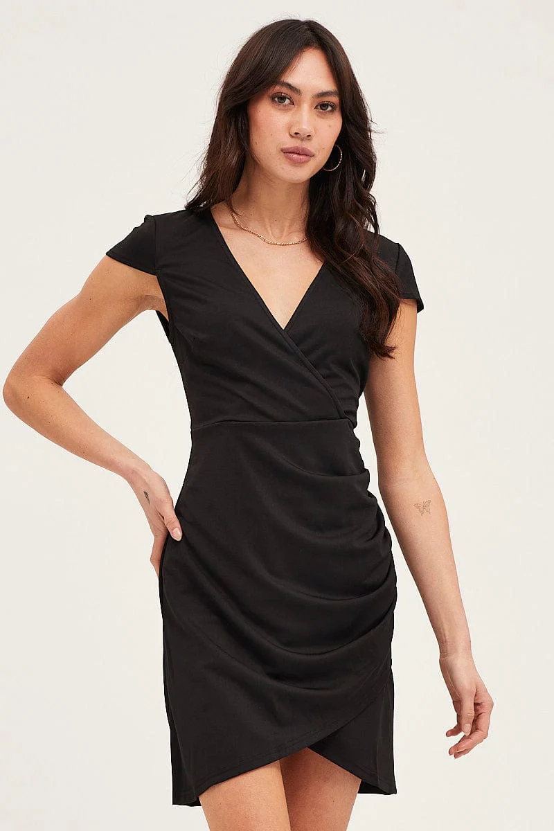 Black Bodycon Dress Short Sleeve Mini V Neck - Image 3