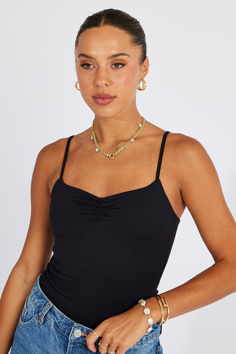 Black Bodysuit Front Ruched Supersoft - Image 2