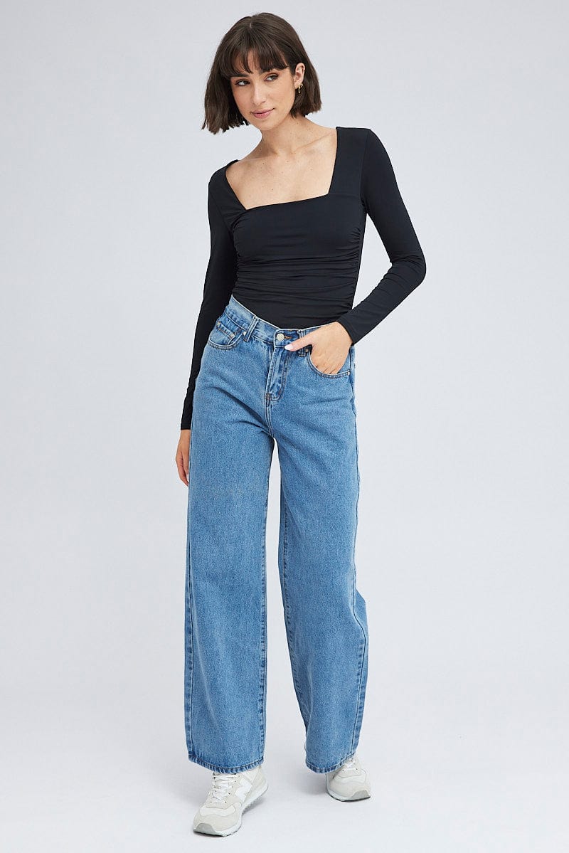 Black Bodysuit Long Sleeve Square Neck Ruched Nylon - Image 3