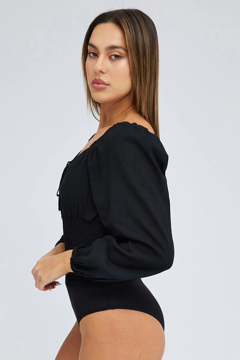 Black Bodysuit Long Sleeve Sweetheart Neck - Image 2