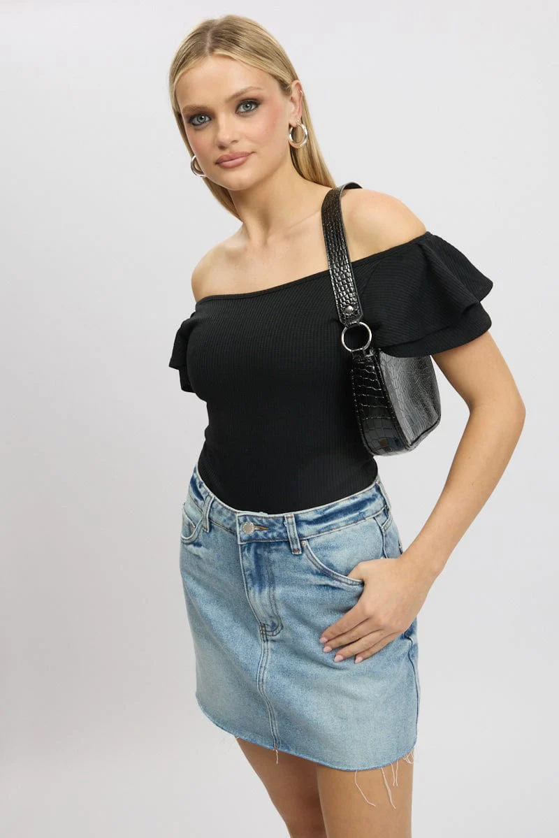 Black Bodysuit Ruffle Sleeve Textured - Image 3