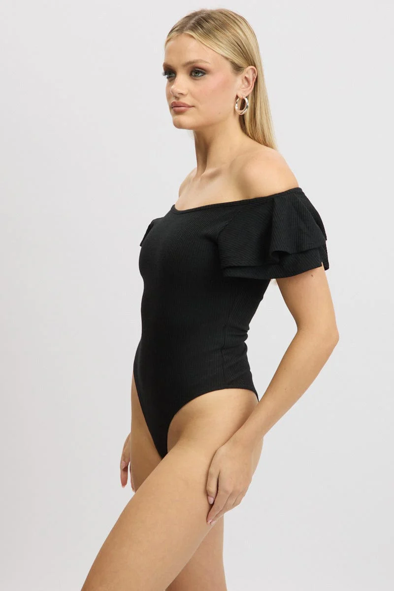 Black Bodysuit Ruffle Sleeve Textured - Image 5