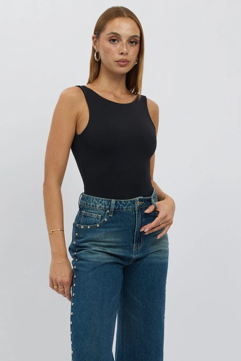 Black Bodysuit Sleeveless Open Back Supersoft - Image 3