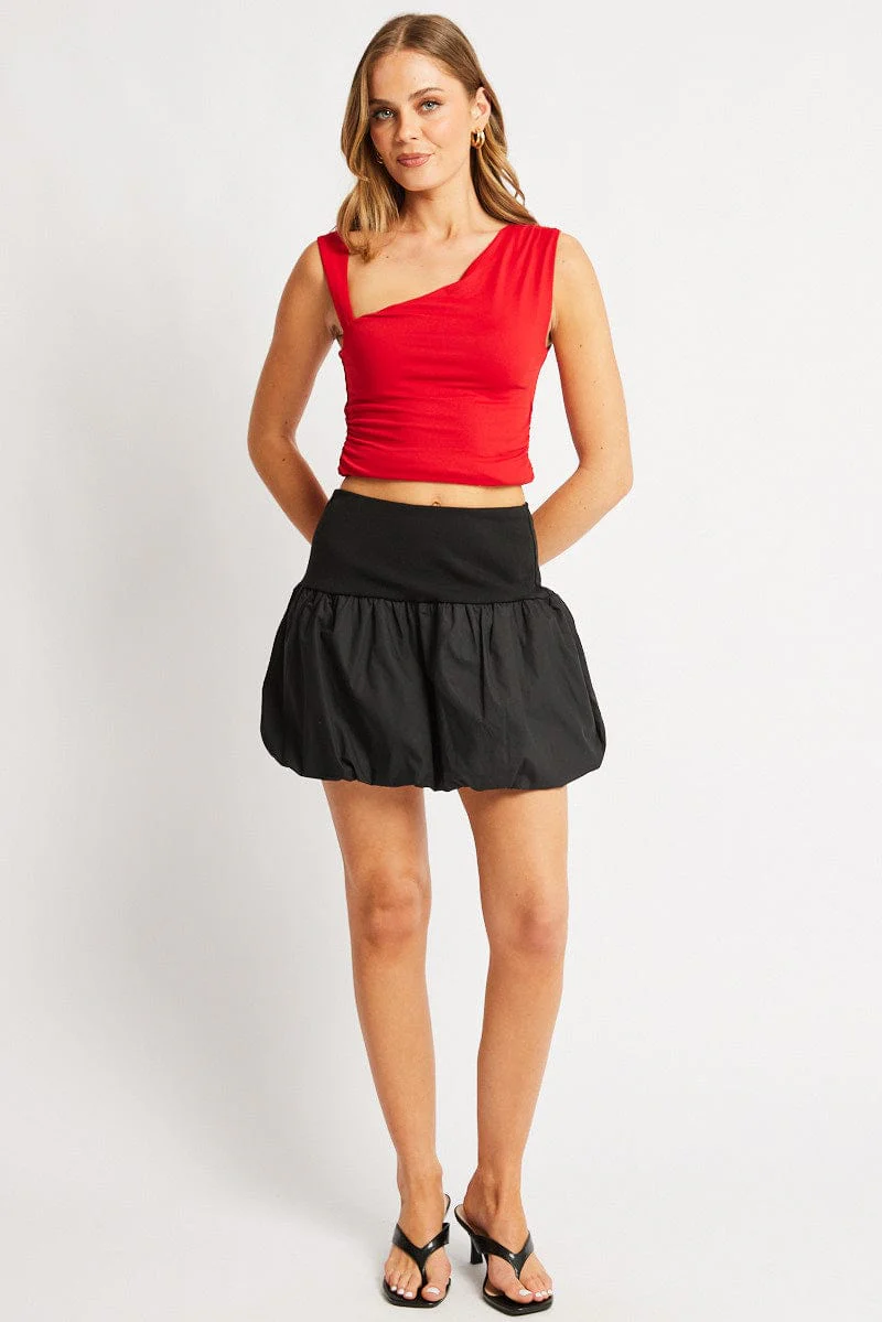 Black Bubble Skirt High Rise Rib Waist Mini Balloon - Image 3
