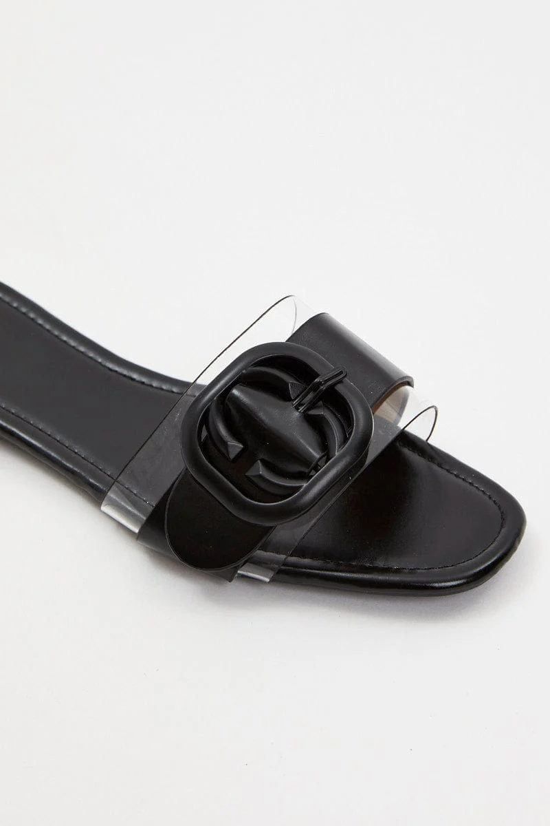 Black Buckle Detail Flat Slides - Image 4