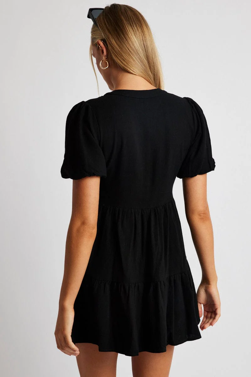 Black Button Through Mini Dress Collar Linen Blend - Image 5