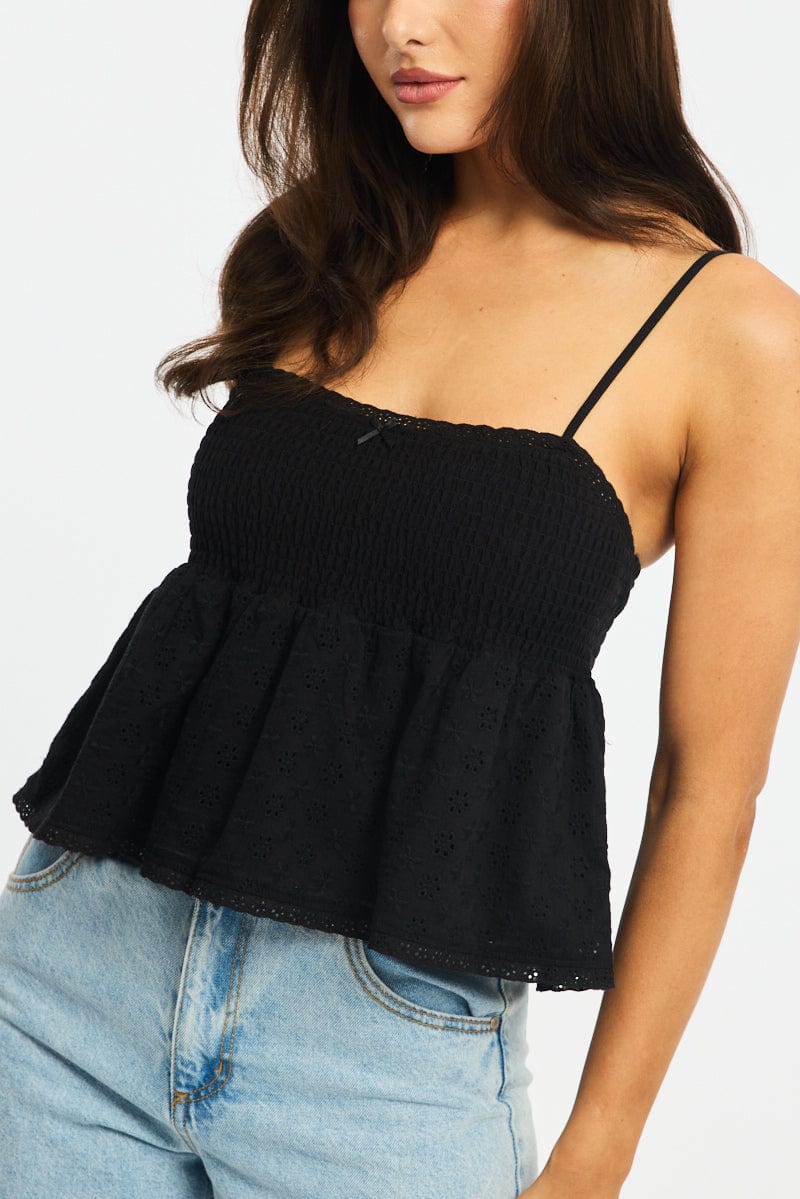 Black Cami Sleeveless Square Neck Shirred Bust Eyelet - Image 5