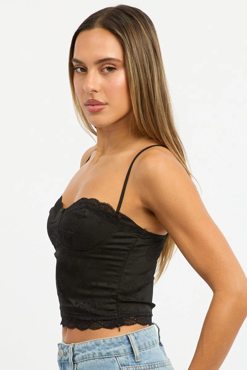 Black Cami Sleeveless Sweetheart Cropped Satin Jacquard - Image 3