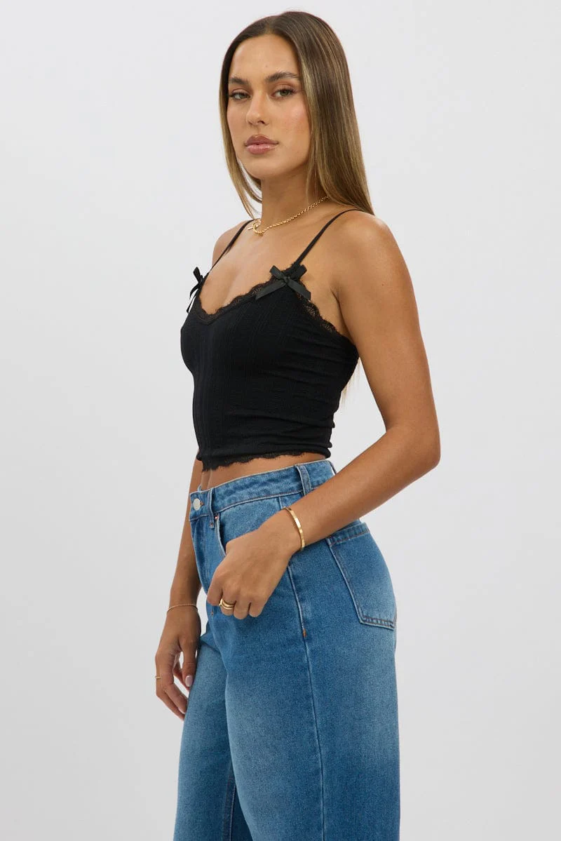 Black Cami Top Ribbon Lace Neck - Image 4