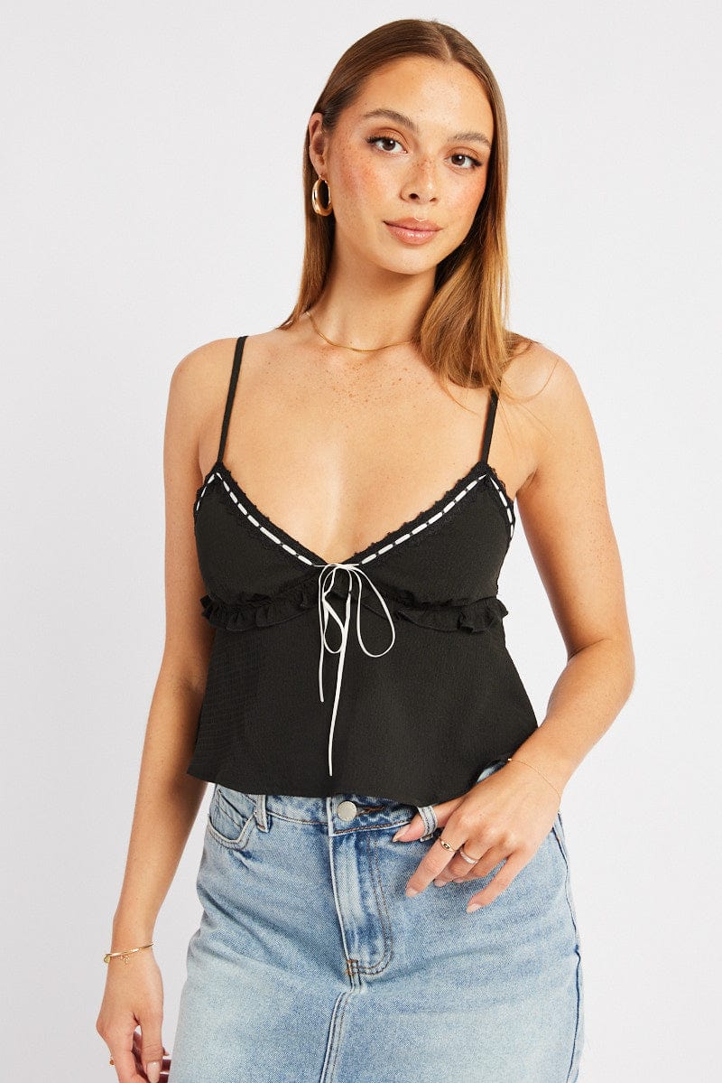 Black Cami Top Ribbon Textured Frill - Image 2
