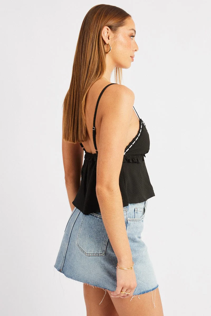 Black Cami Top Ribbon Textured Frill - Image 4
