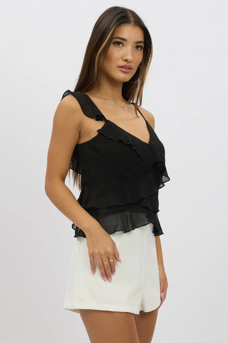 Black Cami Top Sleeveless Crossover Ruffled Details - Image 4