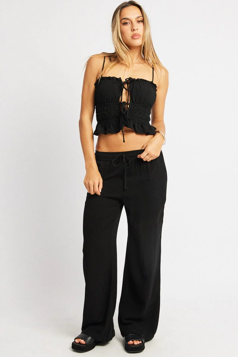 Black Cami Top Sleeveless Tie Front Linen Blend - Image 2