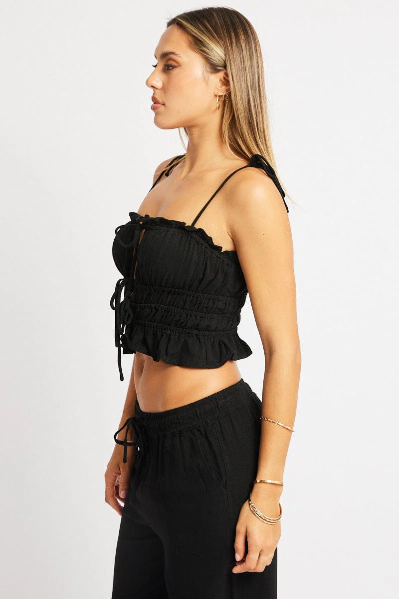 Black Cami Top Sleeveless Tie Front Linen Blend - Image 4