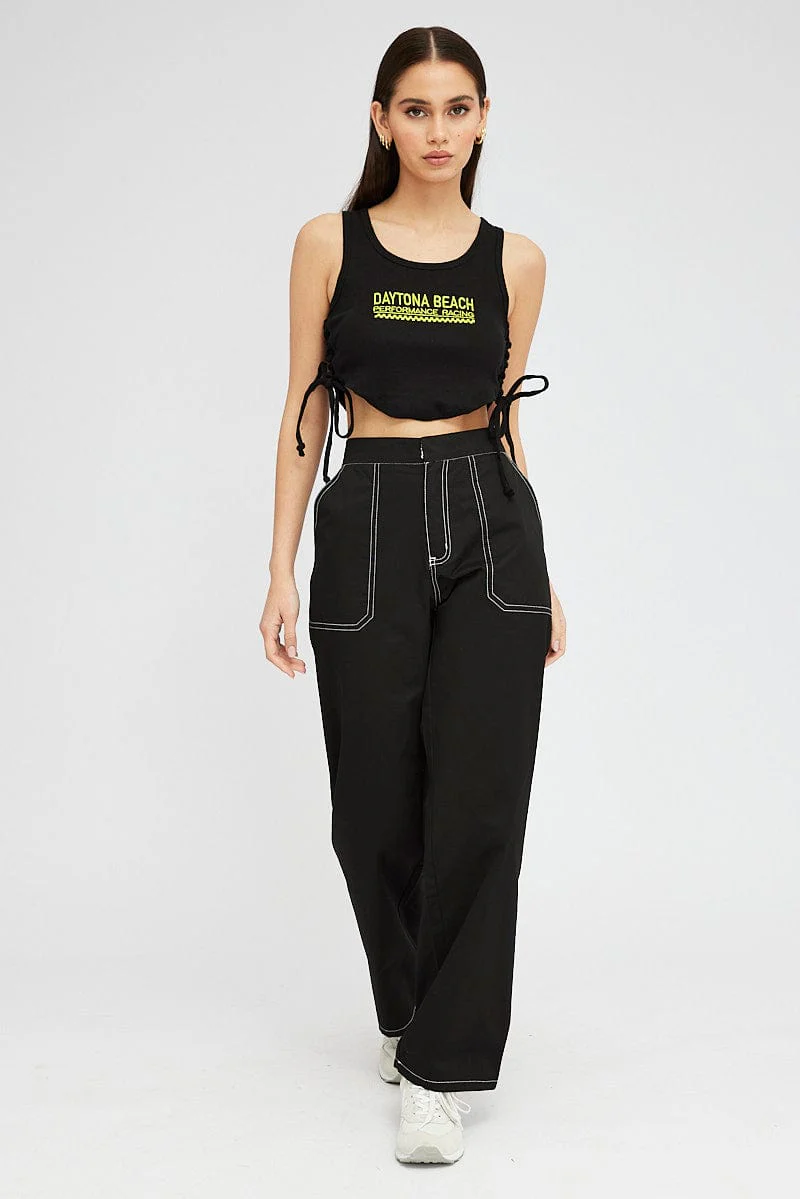 Black Cargo Pants Mid Rise Contrast Stitch - Image 3