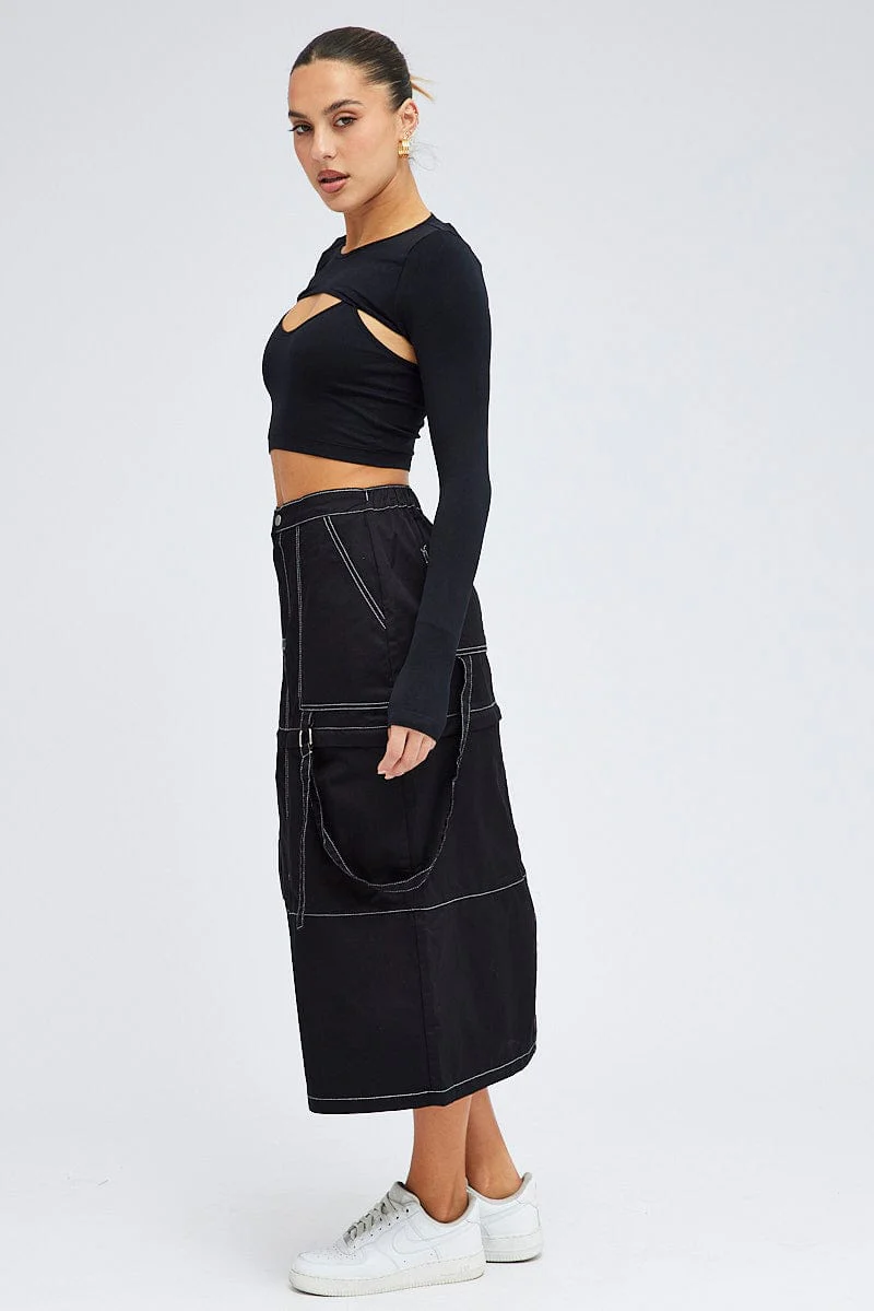 Black Cargo Skirt High Rise Elastic Two-way Midi Mini - Image 4