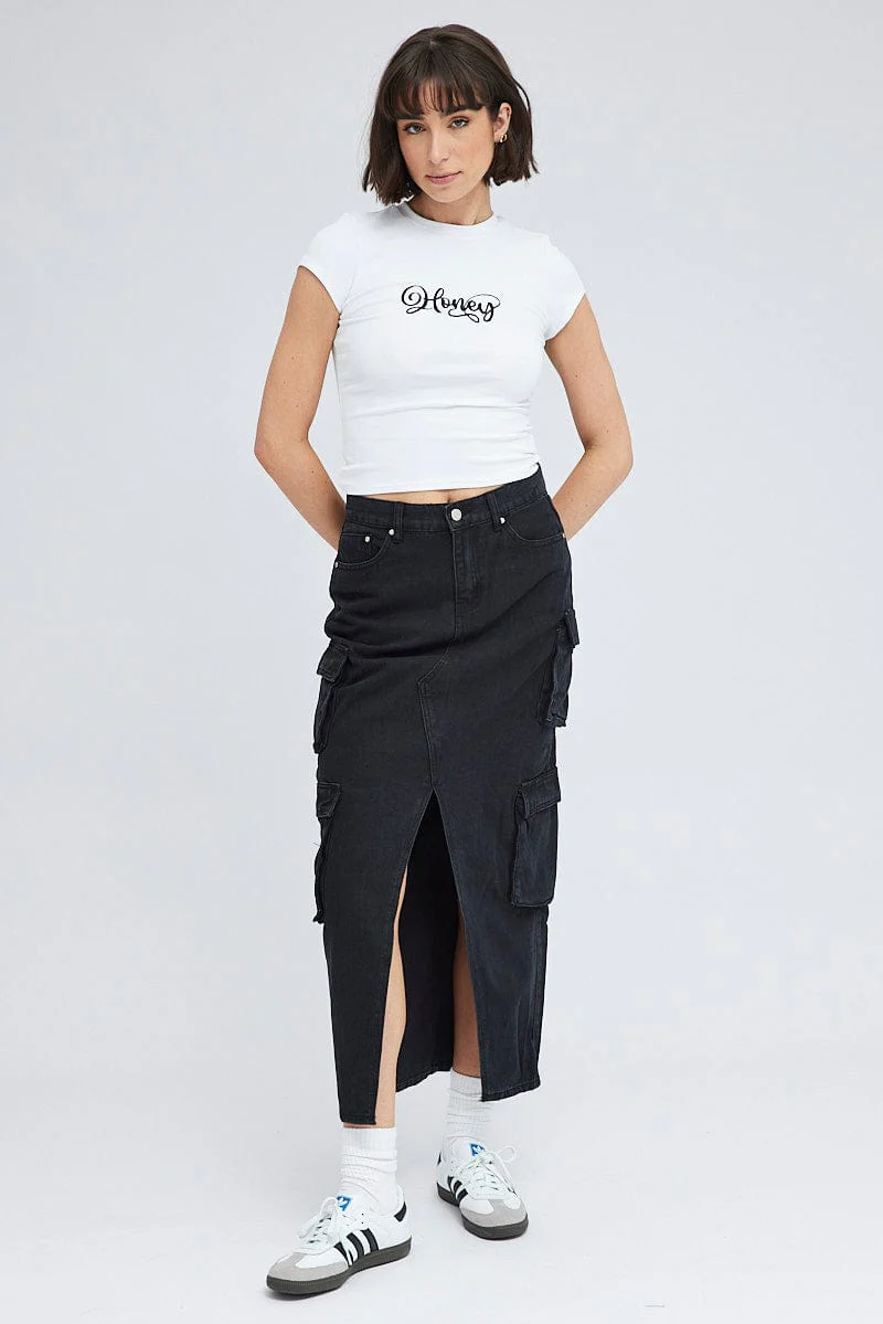 Black Cargo Skirt Mid Rise Maxi Utility Pocket Details - Image 3