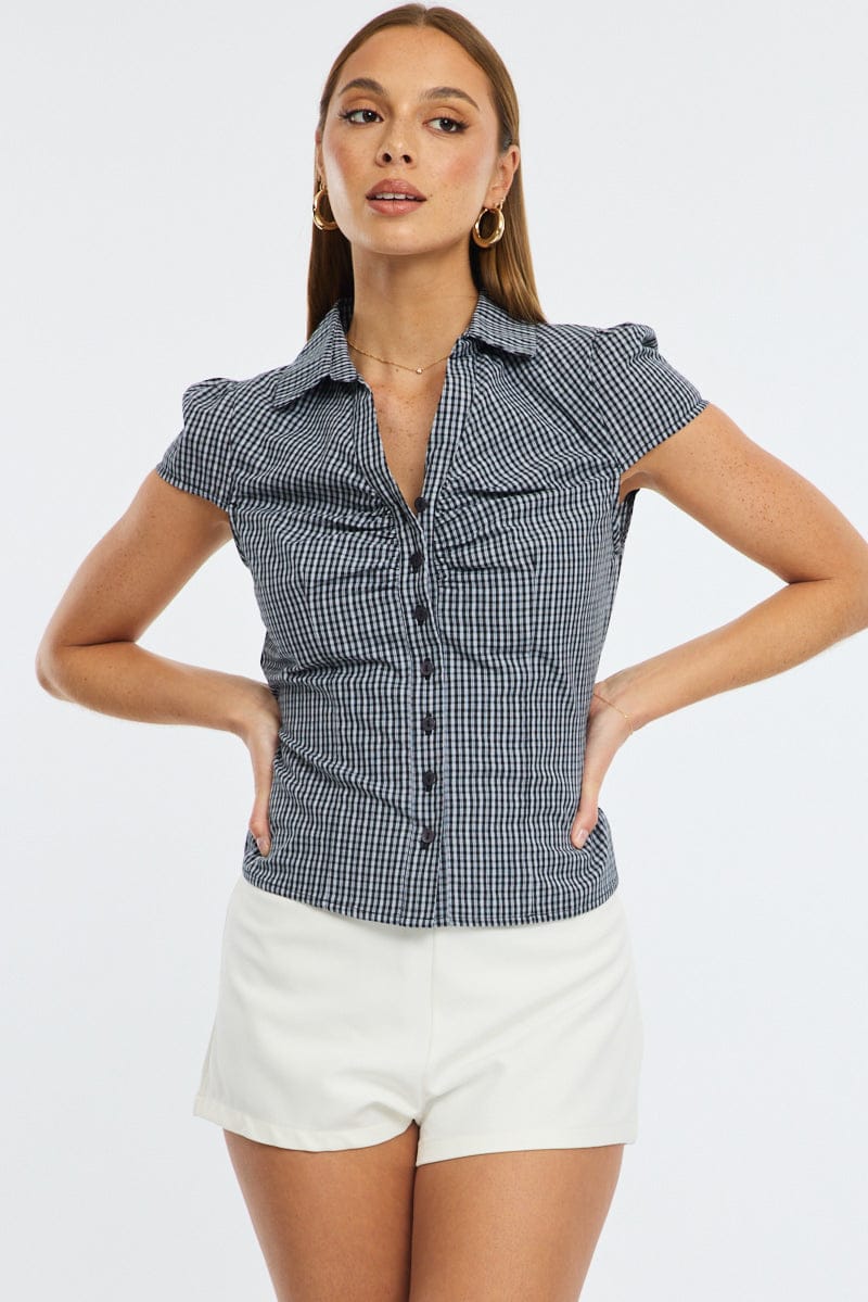 Black Check Button Up Shirt Short Sleeve Collared Tie Back