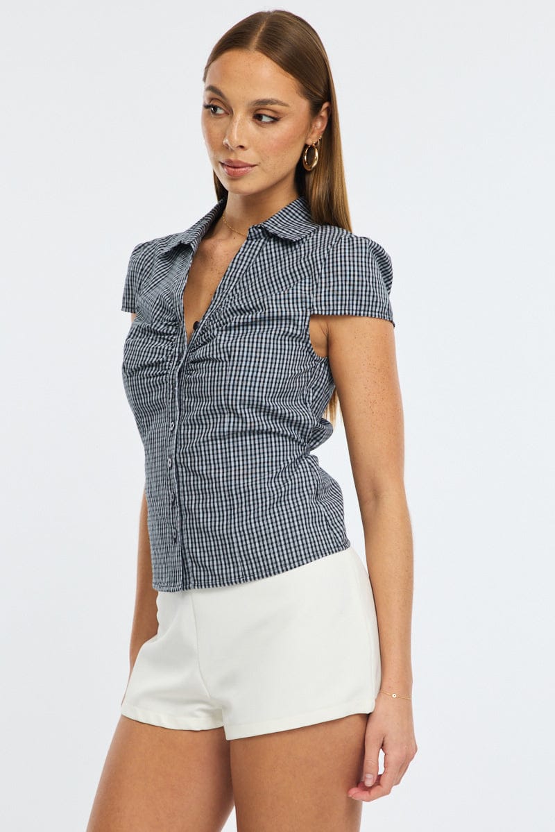Black Check Button Up Shirt Short Sleeve Collared Tie Back - Image 3