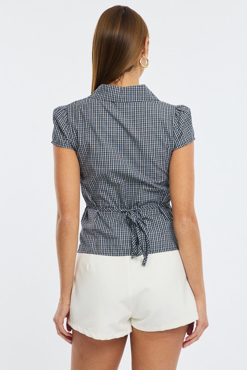Black Check Button Up Shirt Short Sleeve Collared Tie Back - Image 4