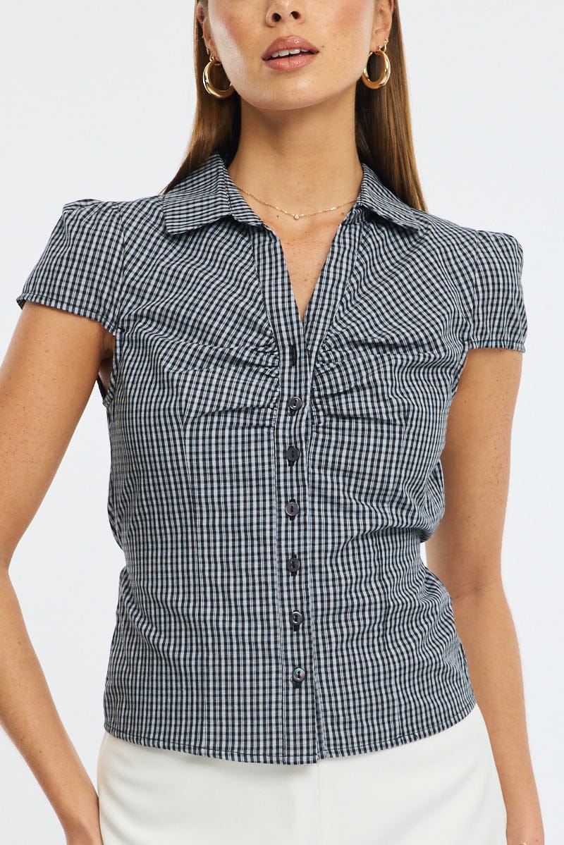 Black Check Button Up Shirt Short Sleeve Collared Tie Back - Image 5