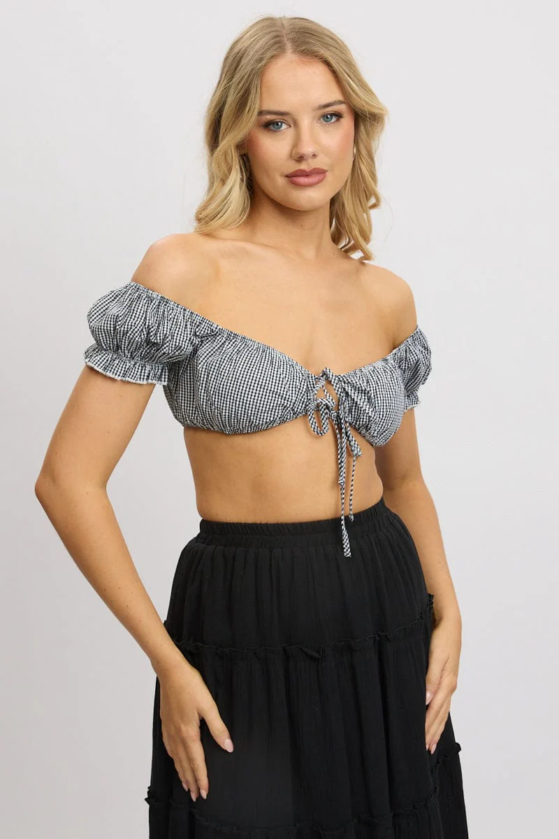 Black Check Crop Top Short Sleeve Tie Front - Image 3