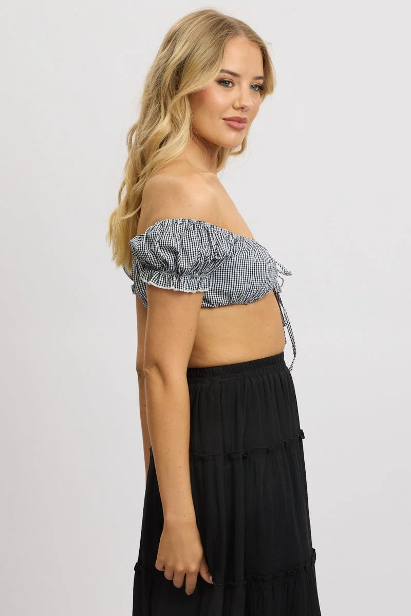 Black Check Crop Top Short Sleeve Tie Front - Image 4