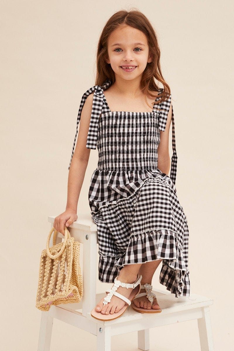Black Check Fit And Flare Dress Sleeveless Shirred