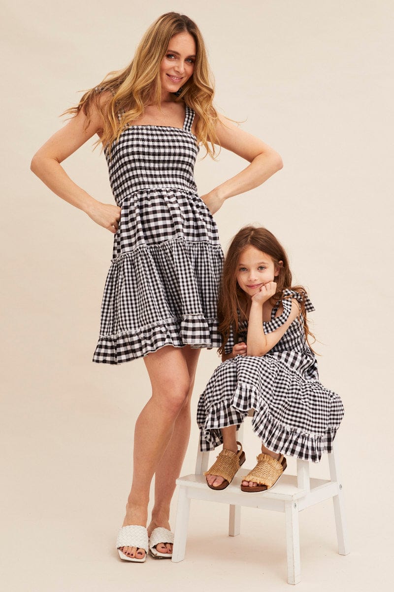 Black Check Fit And Flare Dress Sleeveless Shirred - Image 2