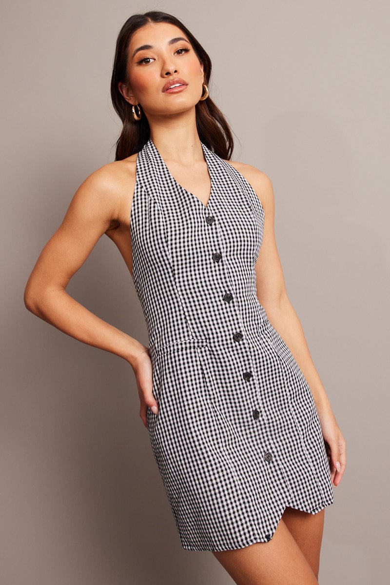 Black Check Halter Neck Dress Mini - Image 3