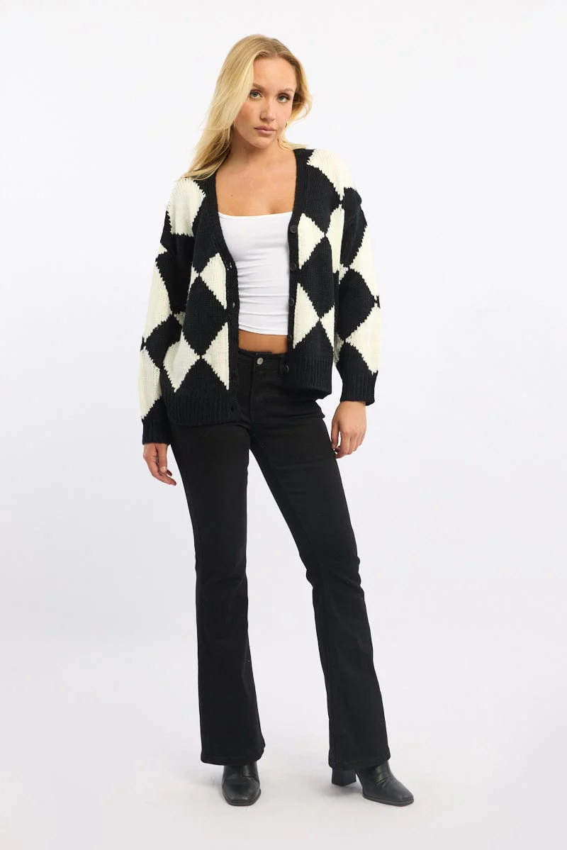 Black Check Knit Cardigan Long Sleeve V-neck - Image 2