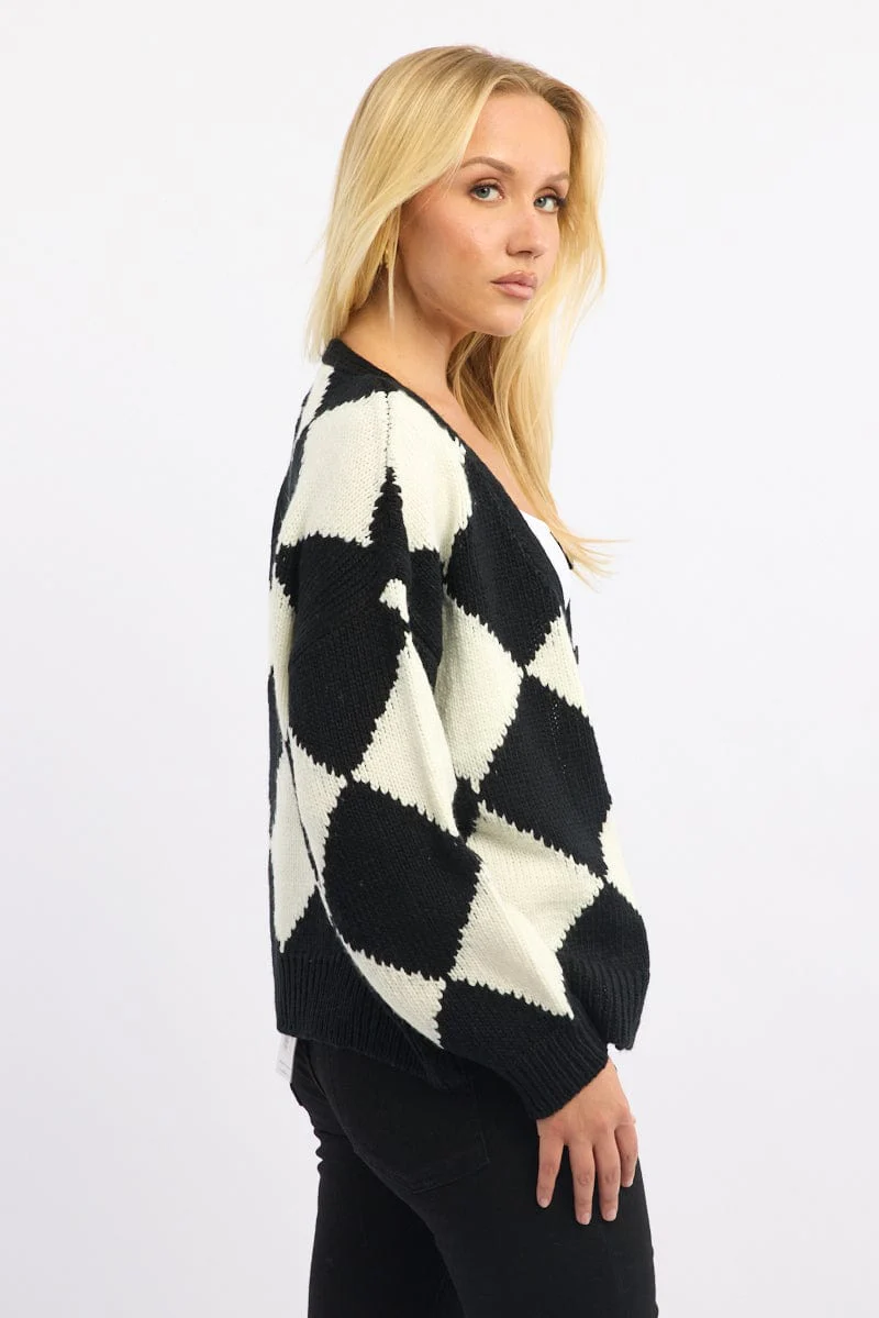 Black Check Knit Cardigan Long Sleeve V-neck - Image 3