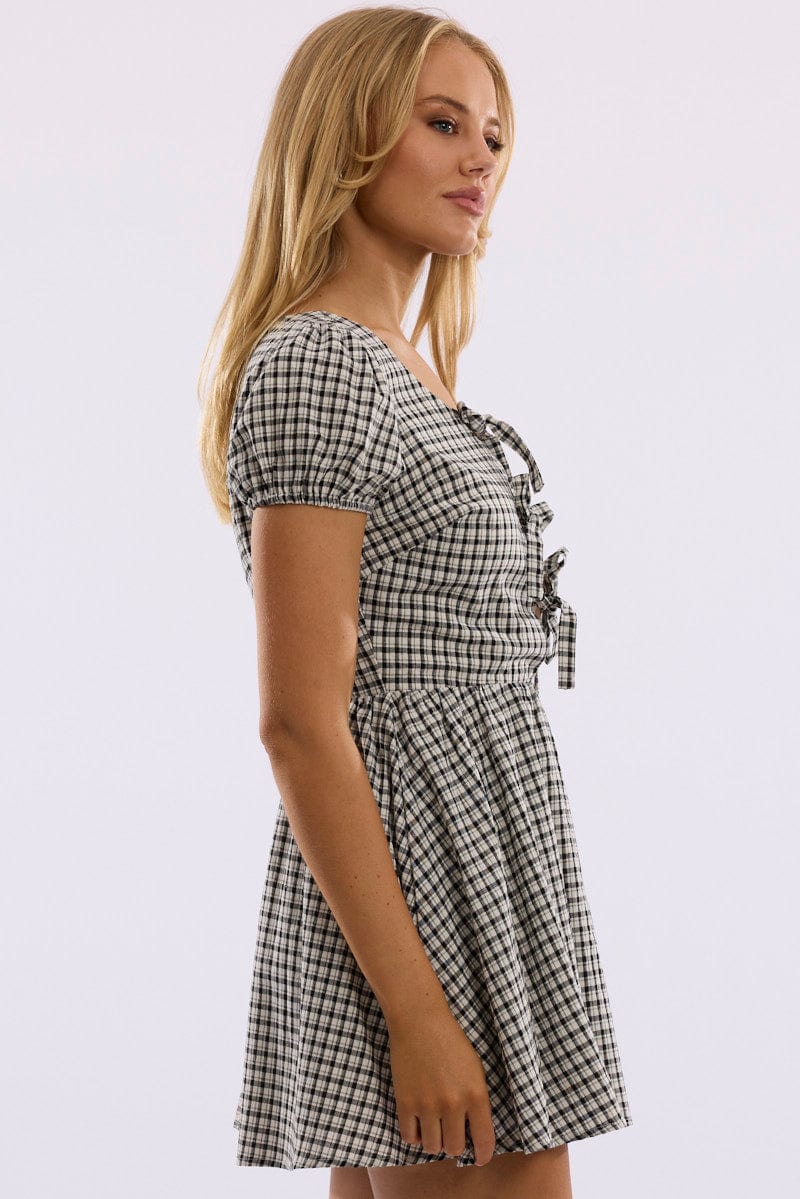 Black Check Mini Dress Ribbon Detail - Image 4